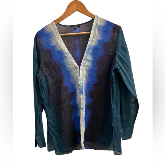 Massimo Dutti Size 6 Blue Watercolor Print V-Neck Tunic Artsy, Quiet Luxury - Picture 2 of 11